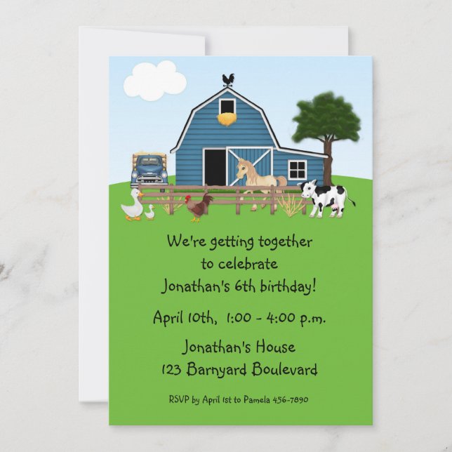 Barnyard Friends, Green, Birthday Invitation (Devant)