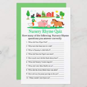 Barnyard Nursery Rhyme Quiz jeu de baby shower