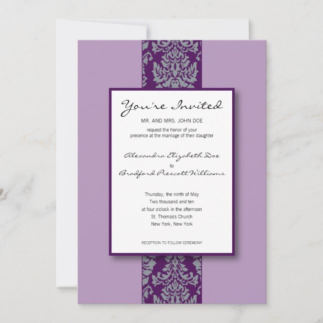 Baroque Damask Coup de mariage Invitation : violet (Devant)