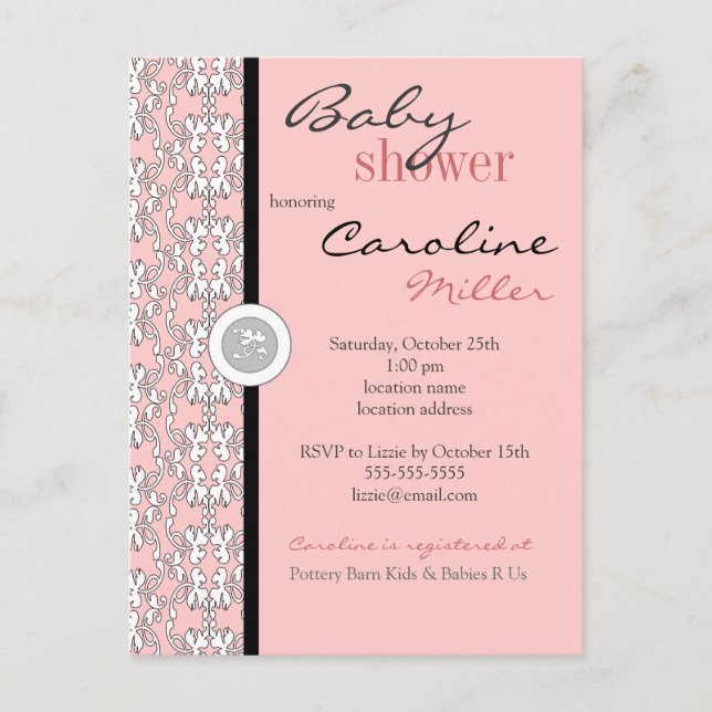 Baroque en Baby shower rose Invitation (Devant)