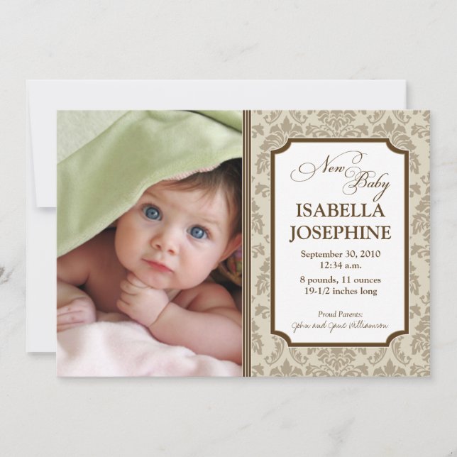 Baroque Motif Faire-part de naissance bébé (taupe) (Devant)
