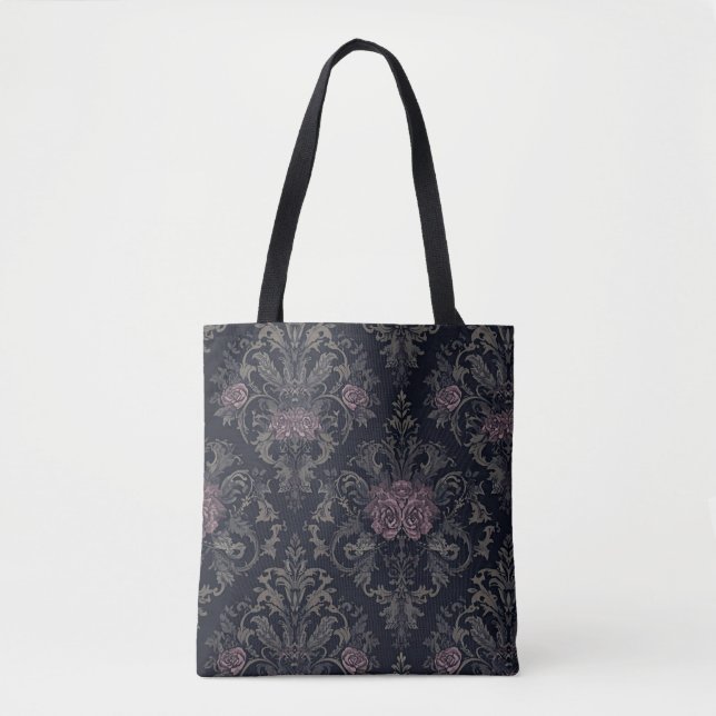 Baroque Rose Moth Tote – Gothic Floral Damask Bag (Devant)