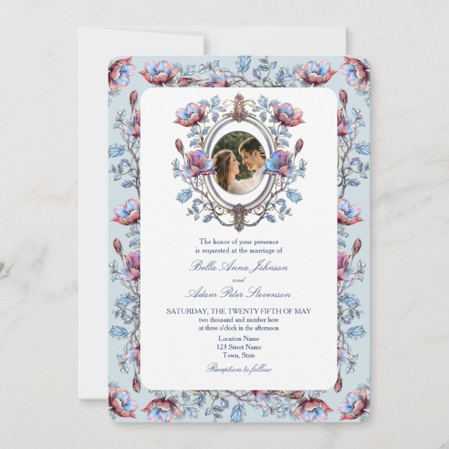 Baroque Toile photo Mariage Invitation avec QR Cod (Devant)