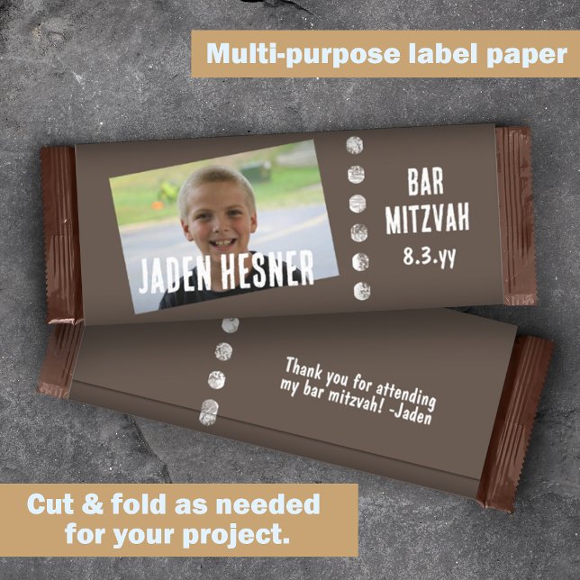 Barre Brown Mitzvah Candy Bar personnalisé Wrapper (brown bar mitzvah personalized chocolate candy bar label, photo budget cheap low cost DIY wrapper)