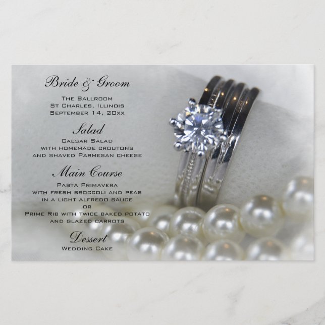 Barres de diamant et perles blanches Menu Mariage (Devant)