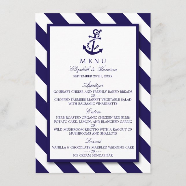 Barres nautiques et Ancre bleu marine Menu Mariage (Devant)