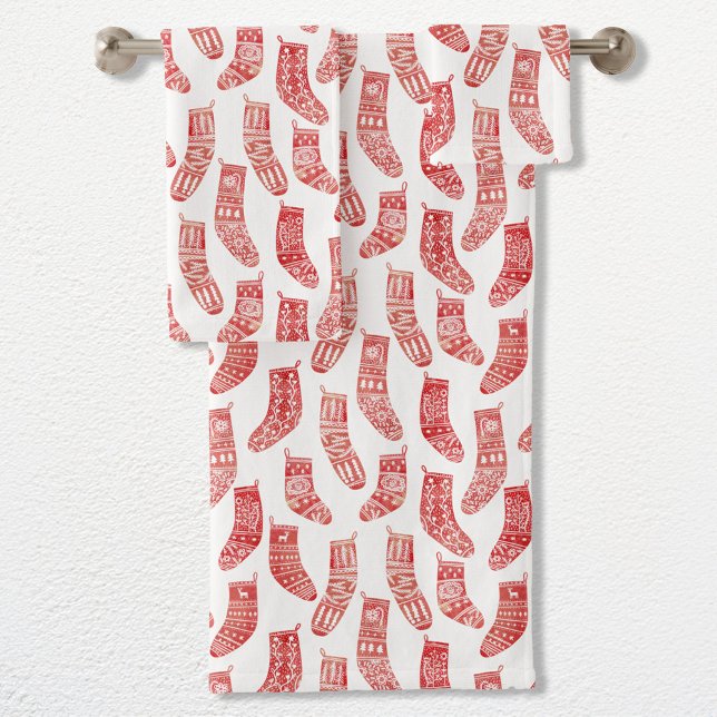 Bas de Noël nordique Motif rouge et blanc (Nordic Stockings red and white Scandinavian festive Christmas pattern towel set)