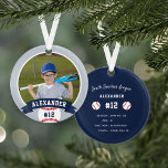 Base-ball de Personalized<br><div class="desc">Commemorate à awesome season for your favorite baseball player with this cool custom ornament in a navy blue and gray colorway. Personalize the front with the player's photo, name and jersey number, and add more details to the back, including the team or league name, season, age, position, and coach name....</div>