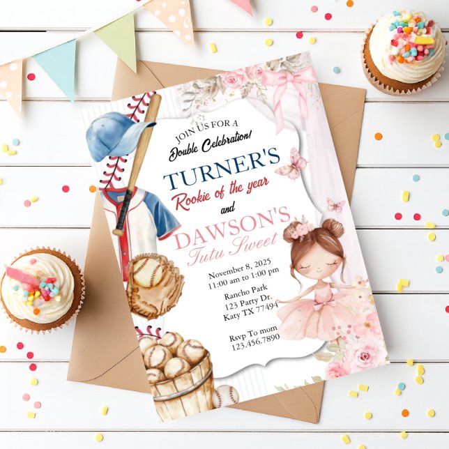 Baseball & Ballerina Birthday Invitation | Rookie  (Créateur téléchargé)