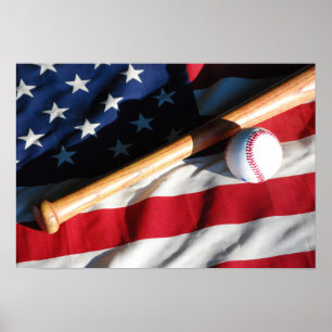 Baseball, Bat and American Flag Poster