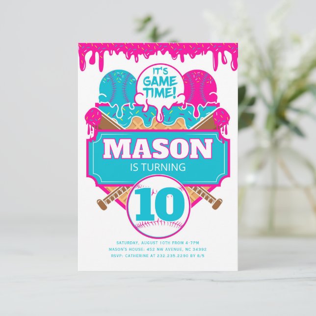 Baseball Birthday Invitation Drip Theme (Debout devant)