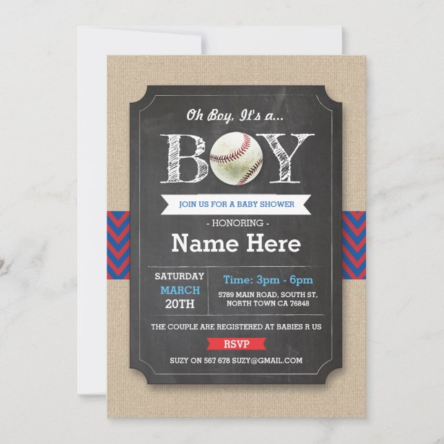 Baseball Blue Red Boy Baby shower Invitation sport (Devant)