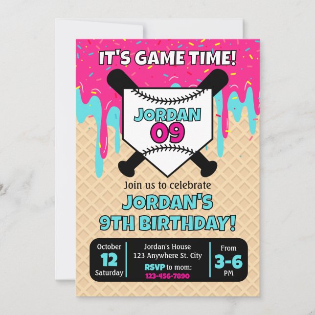 Baseball Ice Cream Drip Birthday Invitation (Devant)
