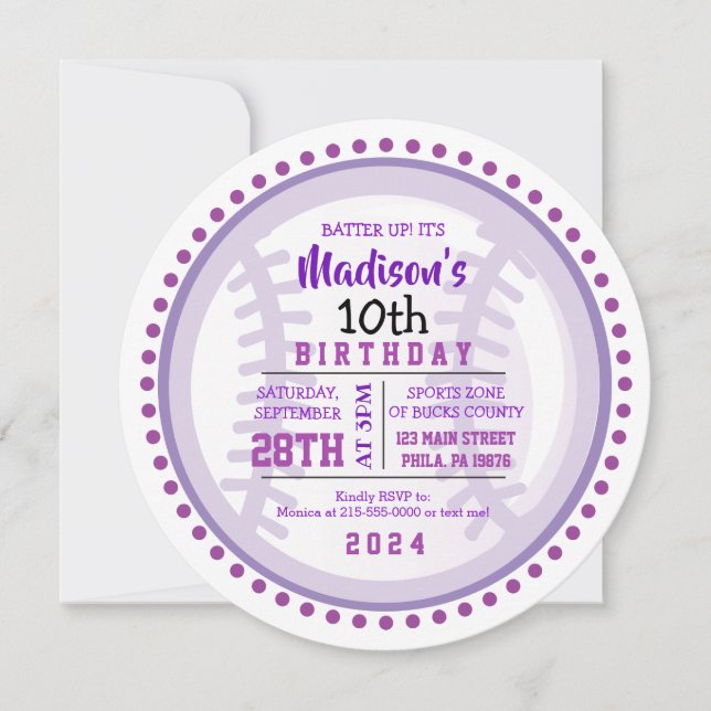 BASEBALL ROND Violet Anniversaire Fête Invitation (Devant)