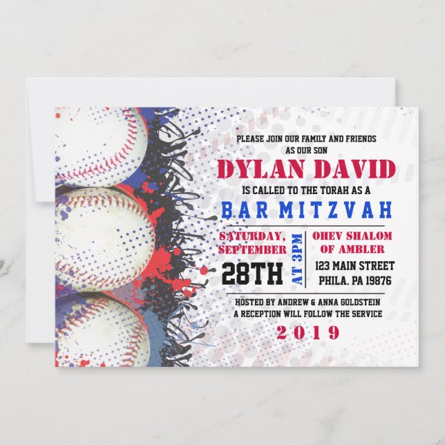 BASEBALL Splatter Bar Invitation Bat mitzvah (Devant)