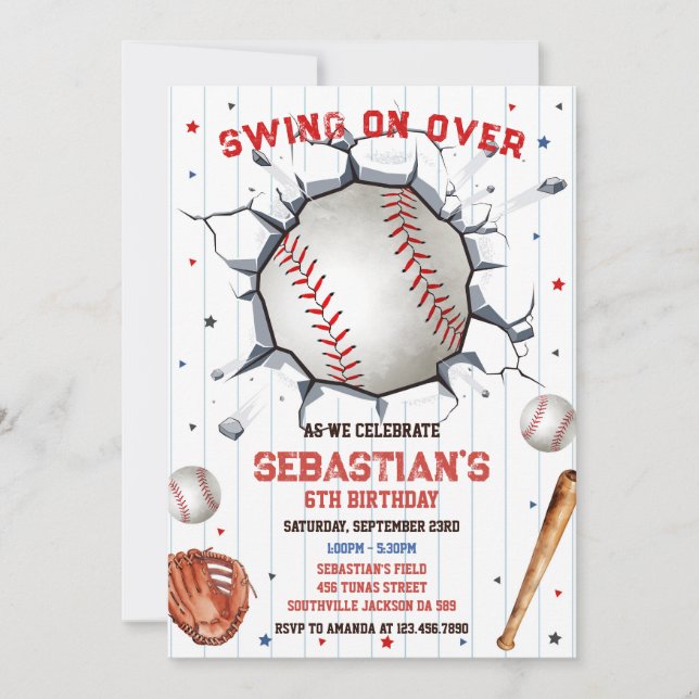 Baseball Swing On Over Boy Birthday Invitation (Devant)