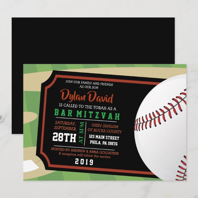 BASEBALL TICKET Bar Invitation Bat mitzvah (Devant / Derrière)