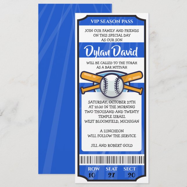 BASEBALL TICKET Bar Invitation Bat mitzvah (Devant / Derrière)