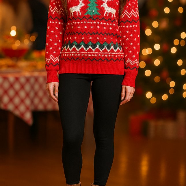 Basique Leggings noirs de poids moyen ("Basic black legging shown with festive Christmas sweater for a stylish party look")