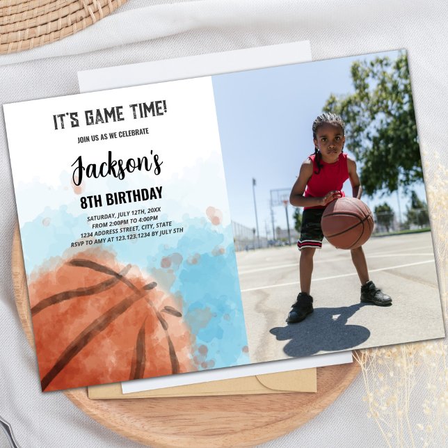 Basket-ball Blue Cloud Invitation d'anniversaire (Blue Cloud Basketball Birthday Invitations w photo)