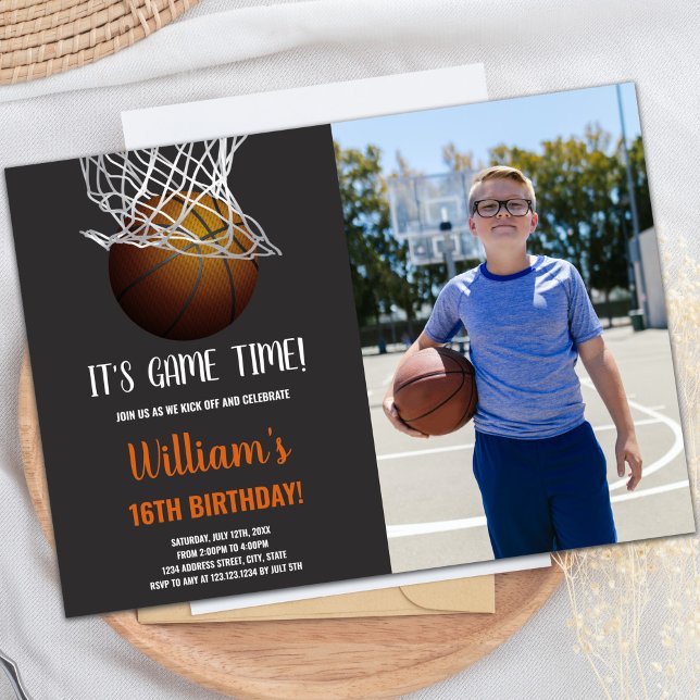 Basket-ball en panier Invitation d'anniversaire (Basketball in Basket Birthday Invitations w photo)