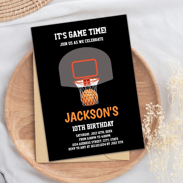 Basket-ball noir et orange Invitation d'anniversai (Black Orange Basketball Invitations)