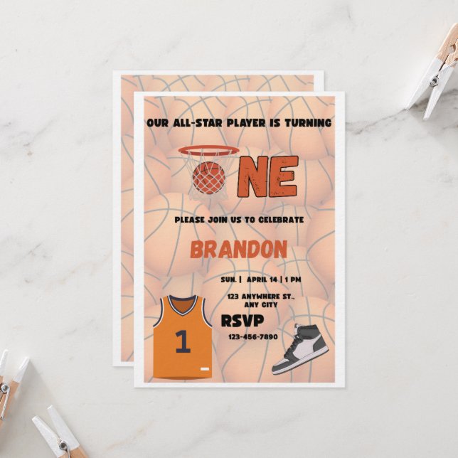 Basketball First Birthday Invitation | All Star (Devant/Arrière en situation)