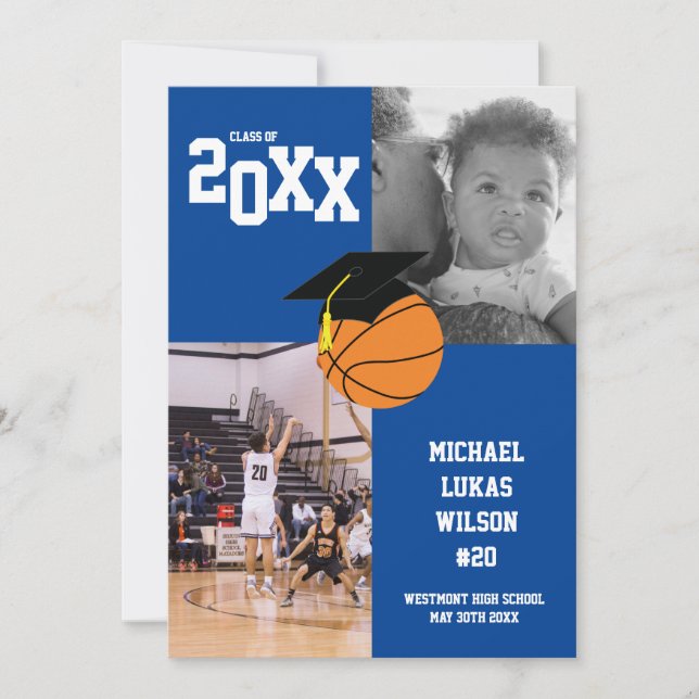 Basketball Graduation Sports Faire-part bleue (Devant)