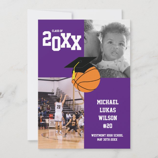 Basketball Graduation Sports Purple Faire-part (Devant)