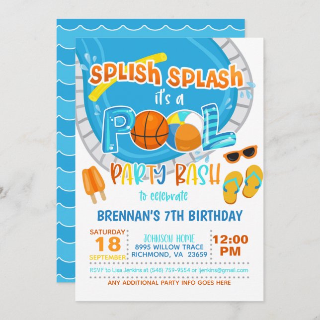 Basketball Pool Party Invitation - Garçon - Blanc (Devant / Derrière)