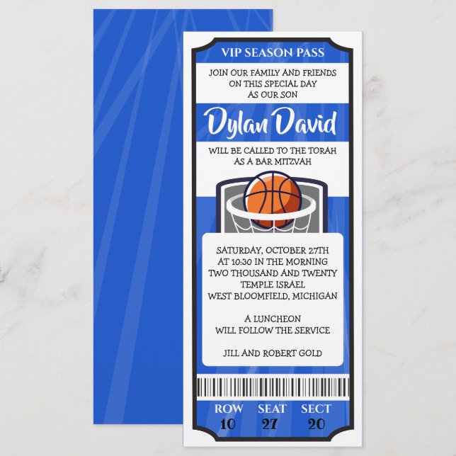 BASKETBALL TICKET Bar Invitation Bat mitzvah (Devant / Derrière)