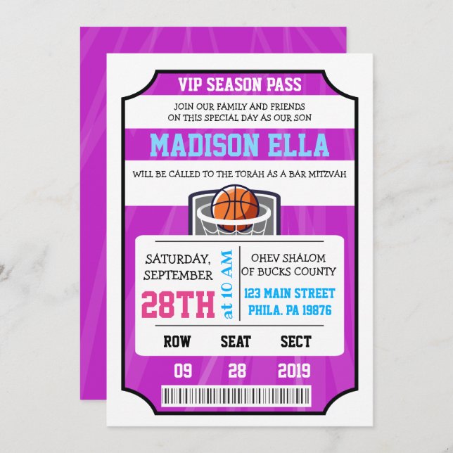 BASKETBALL VIP TICKET Bar Bat mitzvah Invitation (Devant / Derrière)