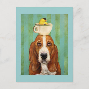 Basset hound avec goldfinch dans la carte postale