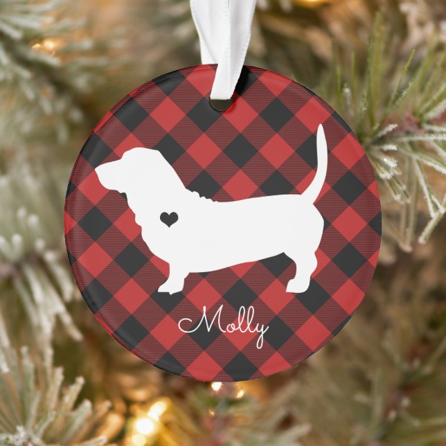 Basset Hound Christmas Plaid Chien Nom Photo (Arbre)