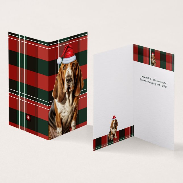Basset Hound Dog Carte de vacances Red et Green Pl (Inside and Outside)