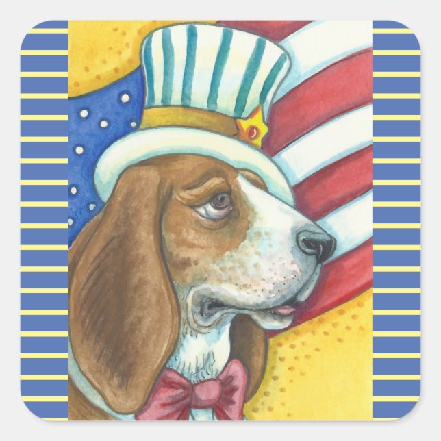 BASSET HOUND UNCLE SAM, CHIENS STICKERS Squ. * Feu (Devant)