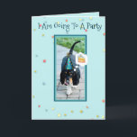 Basset mignon et amusant sur carte d'anniversaire<br><div class="desc">Cute & Funny Basset Hound Going To A Party on Birthday Card W/Cake</div>