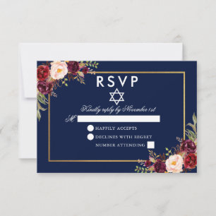 Bat mitzvah Bleu Bourgogne Floral Or RSVP
