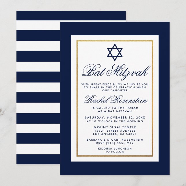 Bat mitzvah Bleu et Blancs Invitation Or (Devant / Derrière)