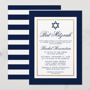 Bat mitzvah Bleu et Blancs Invitation Or