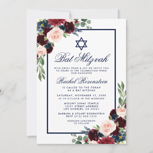 Bat mitzvah Blue Bourgogne Floral Invitation (Devant)