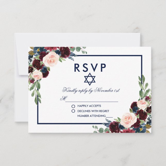 Bat Mitzvah Bourgogne Bleu Floral RSVP (Devant)