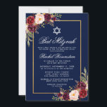 Bat mitzvah Bourgogne Floral Blue Gold Invitation<br><div class="desc">Carte d'invitation bat mitzvah Aquarelle Bourgogne Marsala Floral Blue Gold</div>