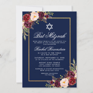 Bat mitzvah Bourgogne Floral Blue Gold Invitation