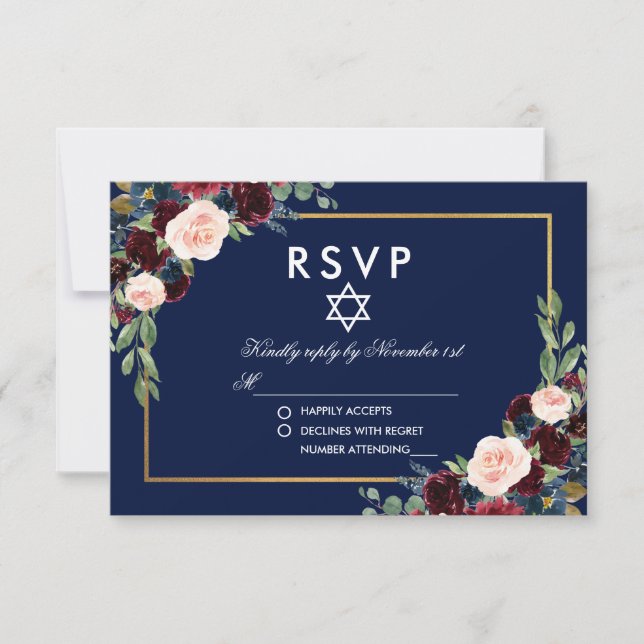 Bat mitzvah Burgundy Blue Floral Gold RSVP (Devant)