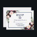 Bat mitzvah Burgundy Blue Floral RSVP<br><div class="desc">Carte RSVP Bat mitzvah couleur Aquarelle bleu Bourgogne</div>