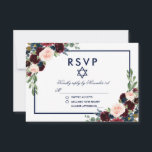 Bat mitzvah Burgundy Blue Floral RSVP<br><div class="desc">Carte RSVP Bat mitzvah couleur Aquarelle bleu Bourgogne</div>