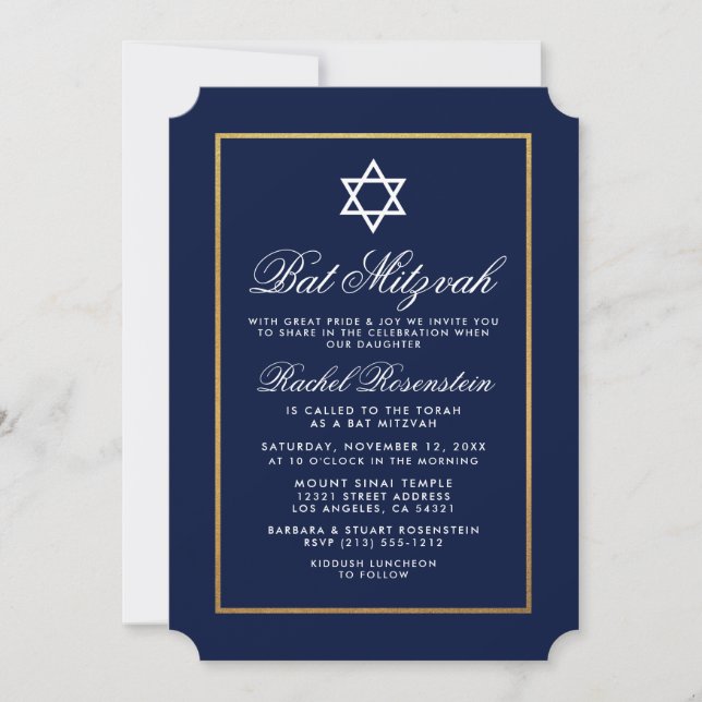 Bat mitzvah Elegant Bleu et Or Invitation (Devant)