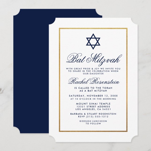 Bat mitzvah Elegant Blue Gold Invitation (Devant / Derrière)