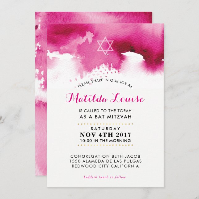 BAT MITZVAH élégant couleur rose vif invitation (Devant / Derrière)